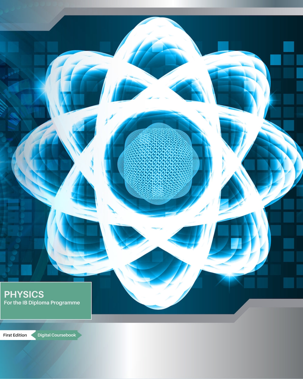9781957136233 Cover of the DP Physics Accelerate Digital Coursebook featuring a stylized digital artwork with abstract blue shapes representing physics concepts.