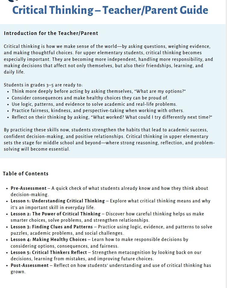 Critical Thinking: Building Healthy Decision-Making Skills (Upper Elementary) Teacher Resource Pack