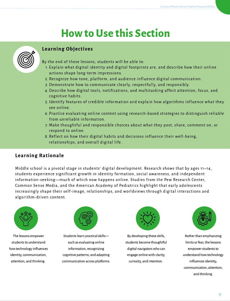 Curious Minds Ahead: Exploring Digital Responsibility, AI Literacy and Critical Thinking (Middle School) Workbook
