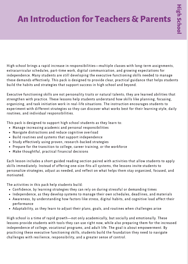 Executive Functioning Skills (High School) Instructional Guide — image 2