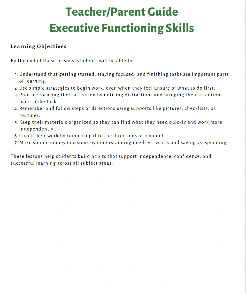 Executive Functioning Skills (Lower Elementary) Teacher Resource Pack