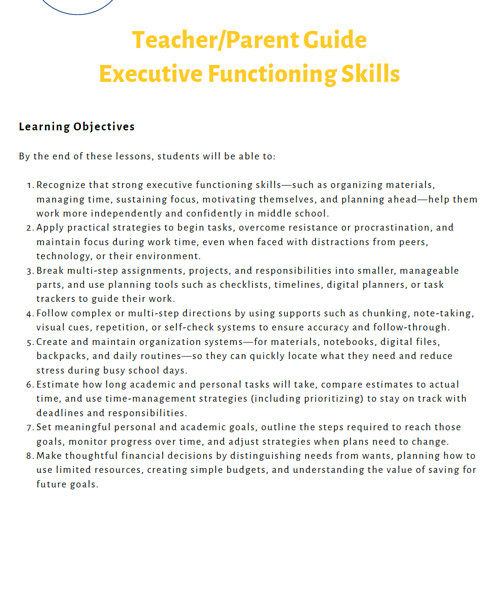 Executive Functioning Skills (Middle School) Teacher Resource Pack