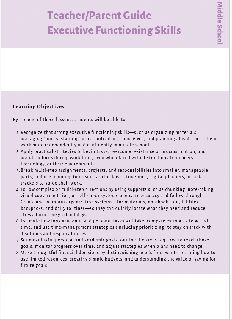 Executive Functioning Skills (Middle School) Instructional Guide — image 2