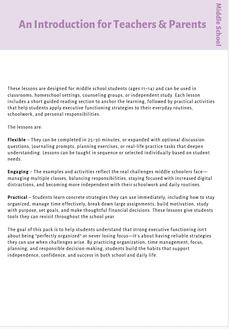 Executive Functioning Skills (Middle School) Instructional Guide — image 4