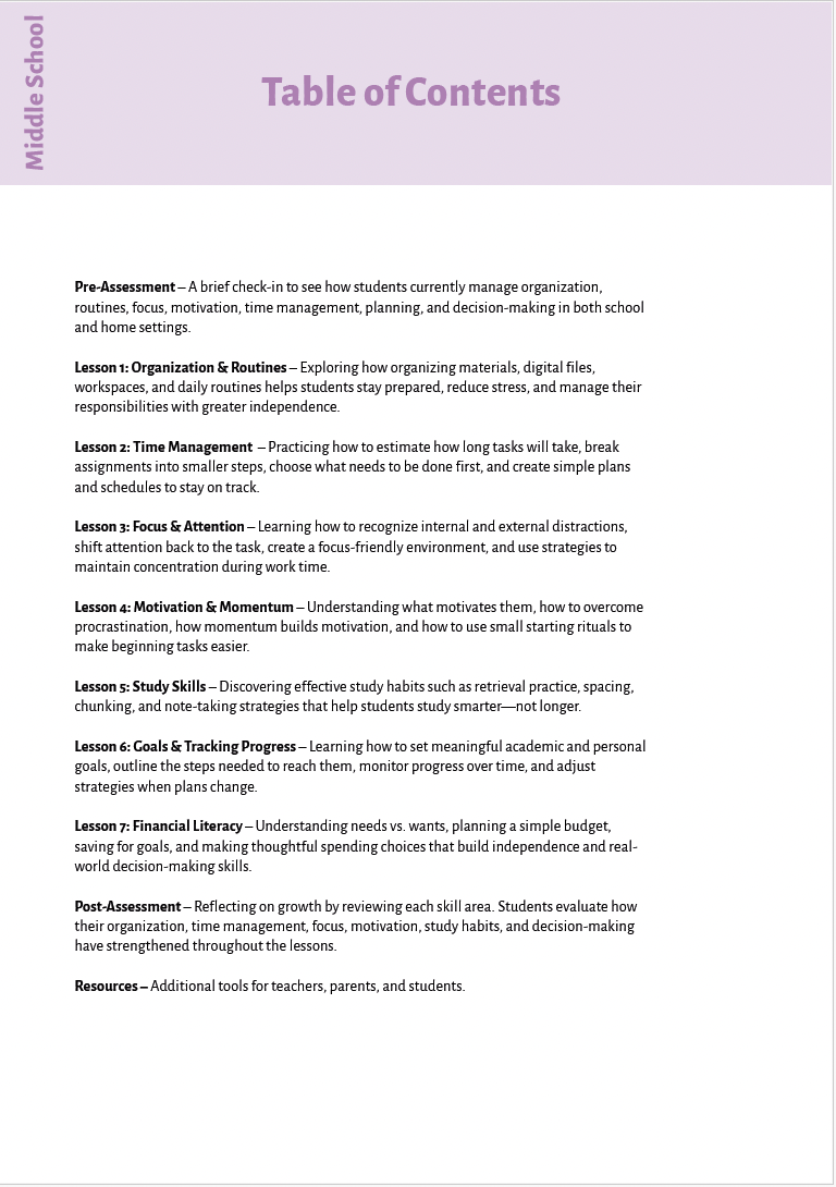 Executive Functioning Skills (Middle School) Instructional Guide — image 5