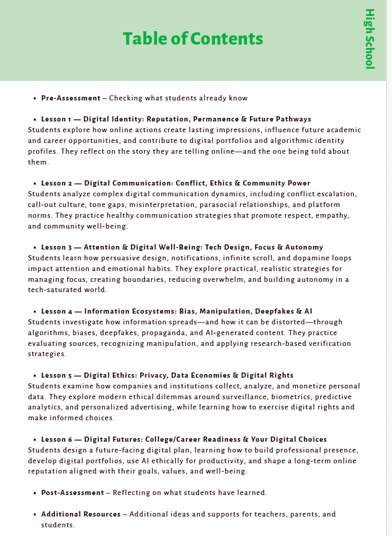 Future Ready Minds: Digital Citizenship, AI Literacy, and Critical Thinking for Tomorrow’s World (High School)