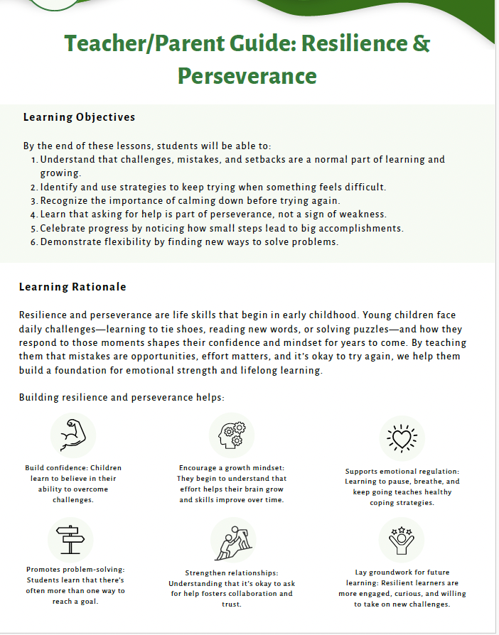 Resilience and Perseverance (Lower Elementary) Teacher Resource Pack